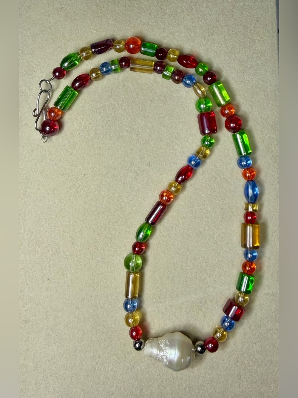 Multicolor Glass Bead Necklace with Baroque Freshwater Pearl
